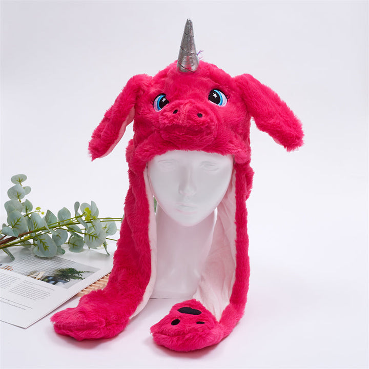 Rosa Plüsch-Einhorn-Mütze mit silbernem Horn, Kinder Winteraccessoire, lustiges Design.