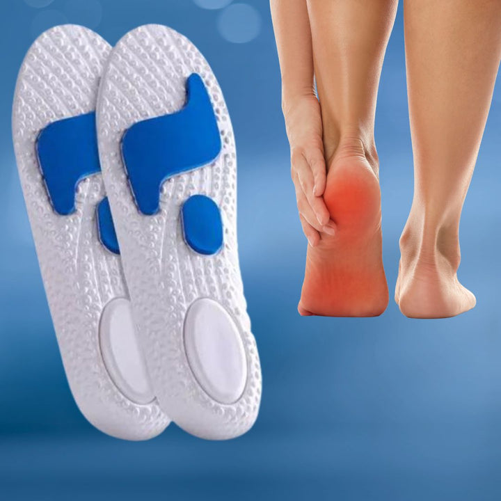 Orthopädische Einlegesohlen, weiß-blau, Fußschmerzen Linderung, Komfort, Dämpfung.