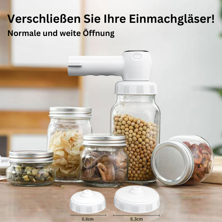 Vakuumierer für Einmachgläser, weiß, mit Deckeln, ideal für Lebensmittelkonservierung.