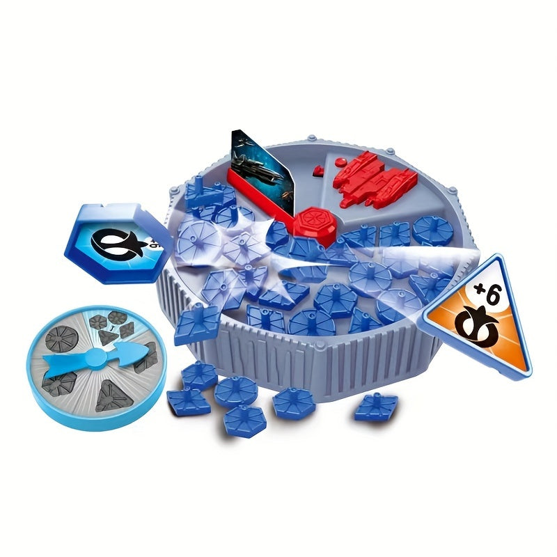 Spielzeug-Pinguinspiel mit blauen und roten Teilen, rundem Spielfeld, strategisches Brettspiel.