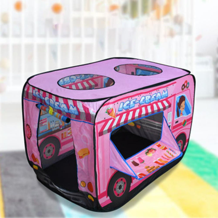 Rosa Spielzelt in Form eines Eiswagens für Kinder, faltbar, mit buntem Design.