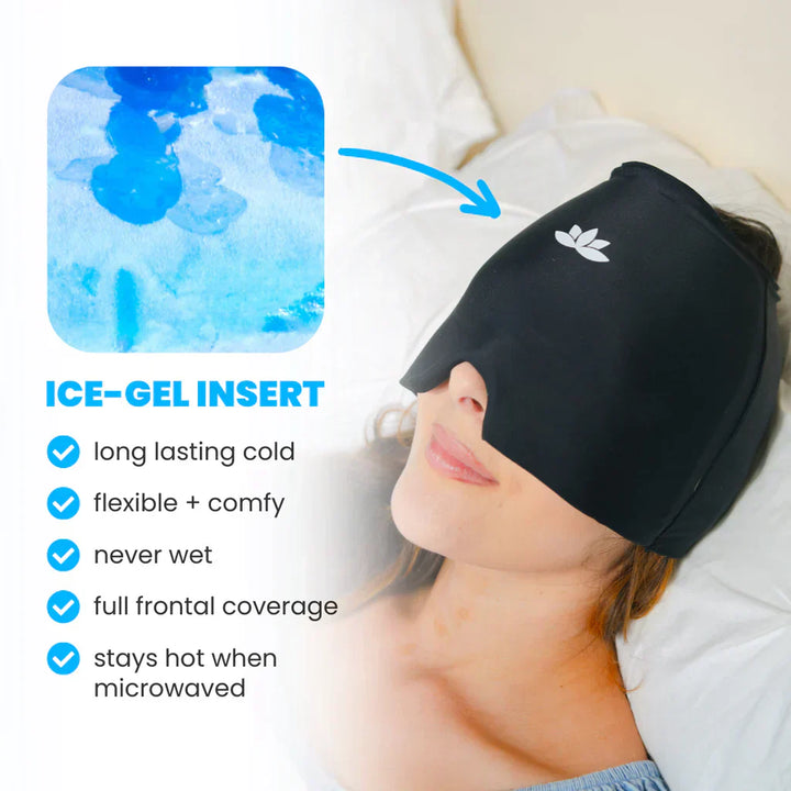 Frau mit schwarzer Augenmaske, Ice-Gel-Einsatz, Entspannung, Schmerzlinderung, flexibel, bequem.