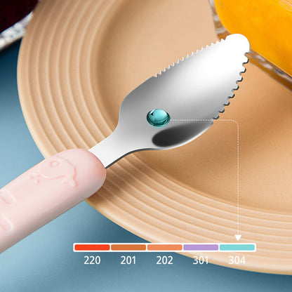 Rosa Griff Edelstahl Fruchtlöffel mit gezackter Kante, ideal für Obstschalen.