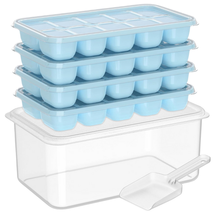 Stapelbare Eiswürfelform aus Kunststoff, blau, mit Deckel und Schaufel, für Gefrierschrank.