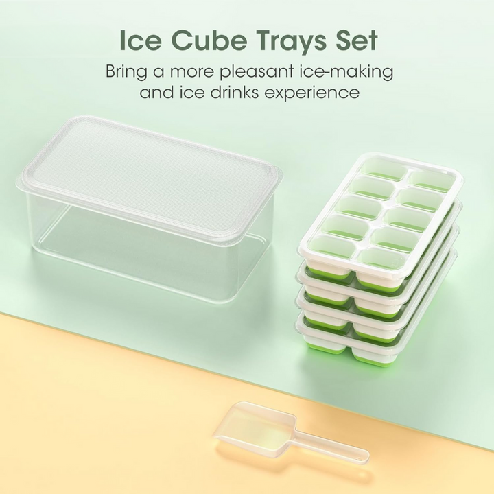 Eiswürfelform Set mit Deckel und Schaufel, grün-weiß, stapelbar, BPA-frei Kunststoff.