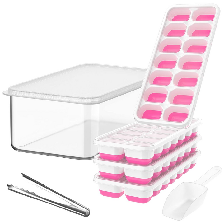 Transparente Eiswürfelform mit rosa Silikon, stapelbar, inklusive Zange und Schaufel.