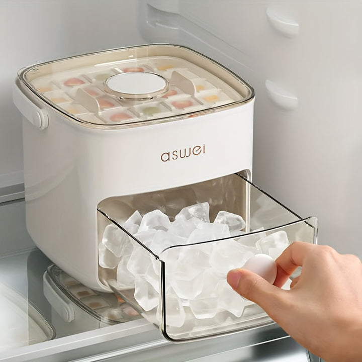 Eiswürfelbereiter mit Schublade, weiß, Kunststoff, für Kühlschrank, handlich, platzsparend.