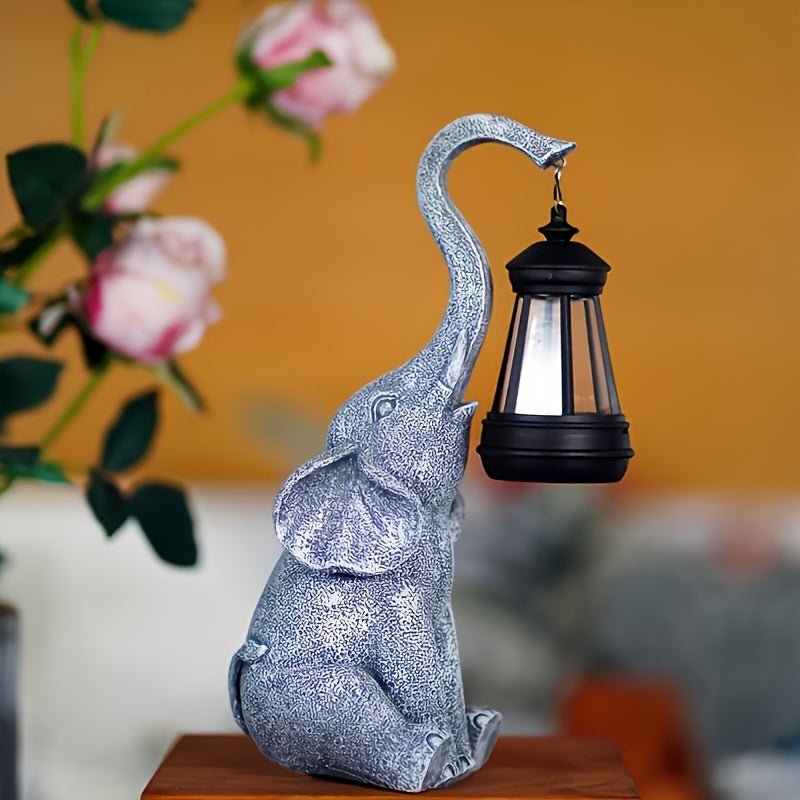 Grauer Elefantenskulptur mit Laterne, dekorative Figur, Wohnzimmerdekoration, Geschenkidee.