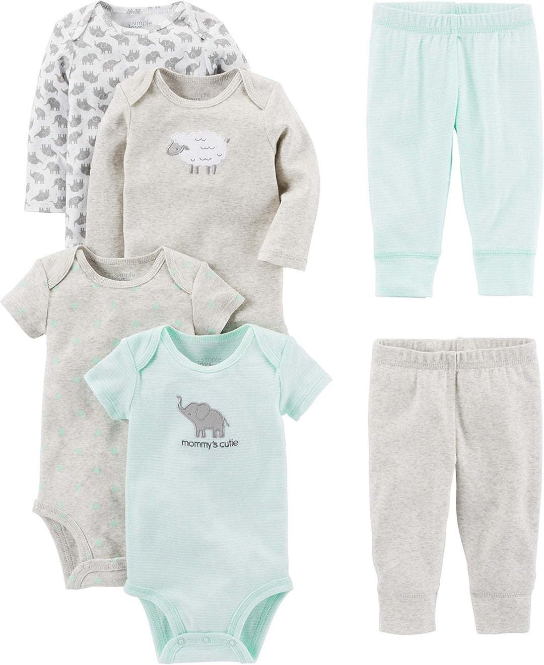 Sechsteiliges Baby-Set, Elefanten-Design, grau und mint, Langarm- und Kurzarm-Bodys, Hosen.