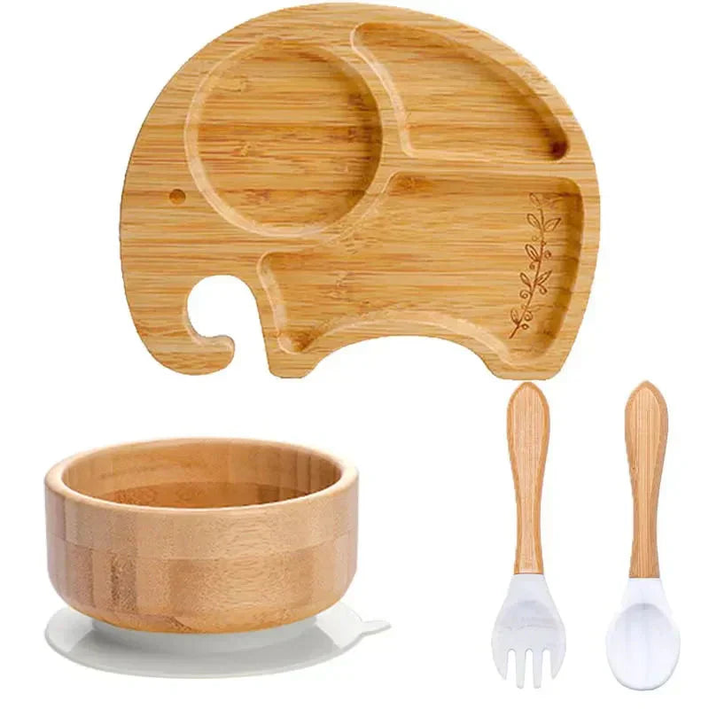 Bambus Kindergeschirr Set, Elefantenform Teller, Schüssel, Löffel, Gabel, umweltfreundlich