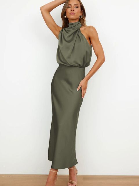 Ärmelloses, olivgrünes Abendkleid, lang, rückenfrei, elegantes Design, Damenmode 2023.