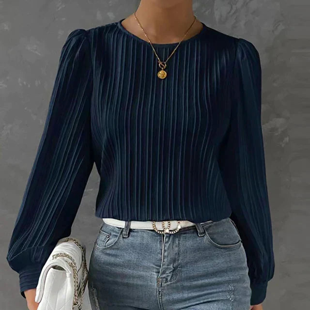 Damenbluse Herbst, dunkelblau, plissiert, langarm, elegantes Design, O-Ausschnitt.