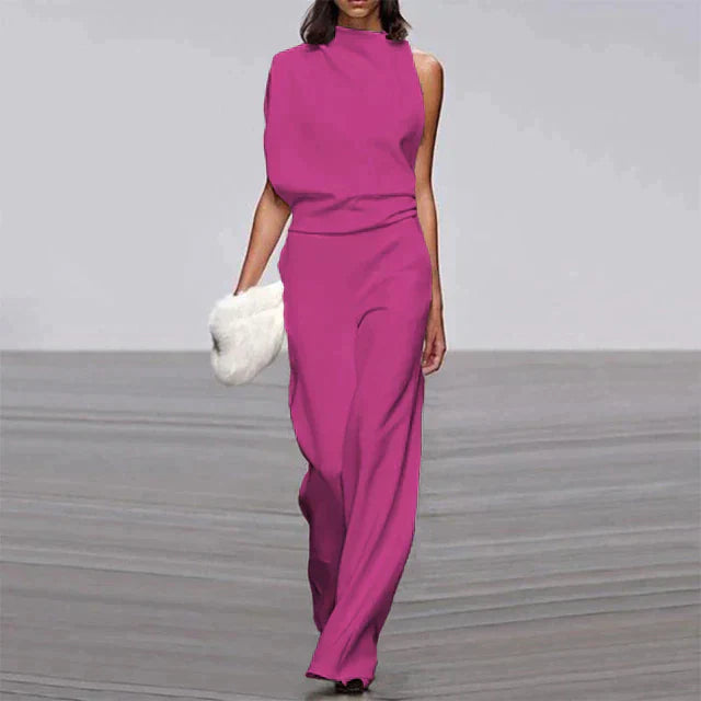 Eleganter pinker Jumpsuit für Damen, ärmellos, weite Beine, Sommermode 2023.