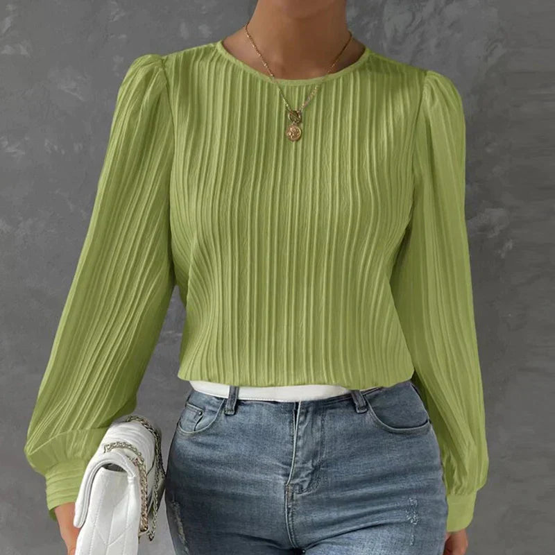 Grüne plissierte Bluse Damen, langärmlig, elegantes Design, Herbstmode, O-Ausschnitt.