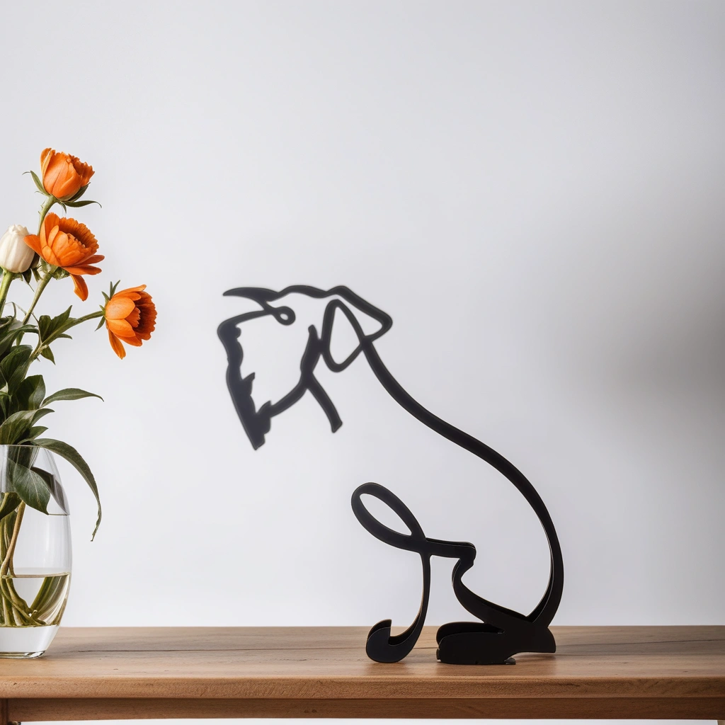 Schwarze Hundeskulptur aus Metall auf Holzoberfläche neben Vase mit orangefarbenen Blumen.