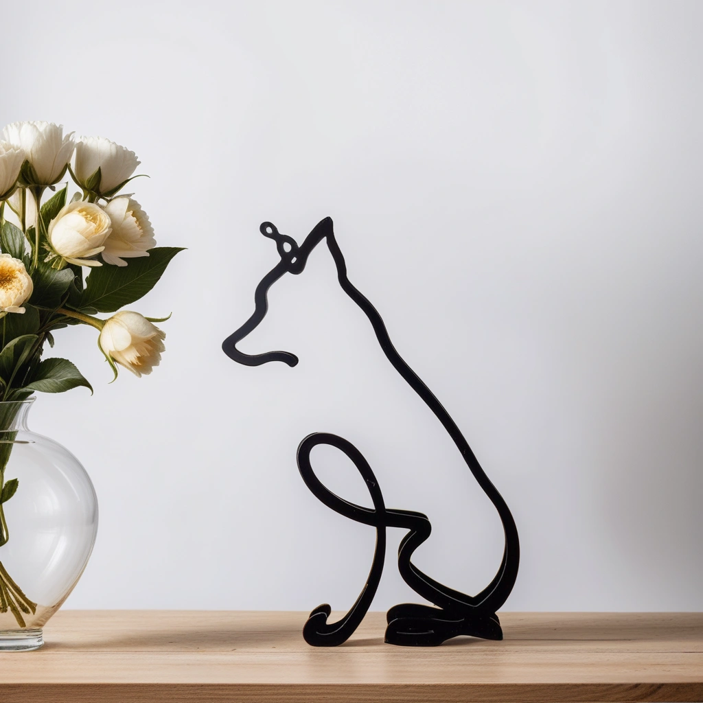 Schwarze Metall-Fuchs-Skulptur auf Holzregal neben Vase mit weißen Blumen.