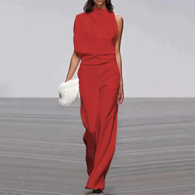 Rote ärmellose Damen-Jumpsuit, elegante weite Beine, Sommermode 2023, festliche Kleidung.