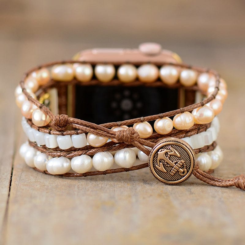 Braunes Armband mit Süßwasserperlen, veganem Seil, Boho-Stil, für Apple Watch.