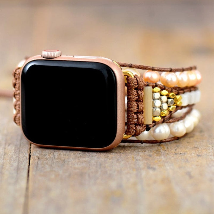 Elegantes Damen-Uhrenarmband mit Süßwasserperlen, Boho-Stil, vegan, 3-fach Wickelarmband.
