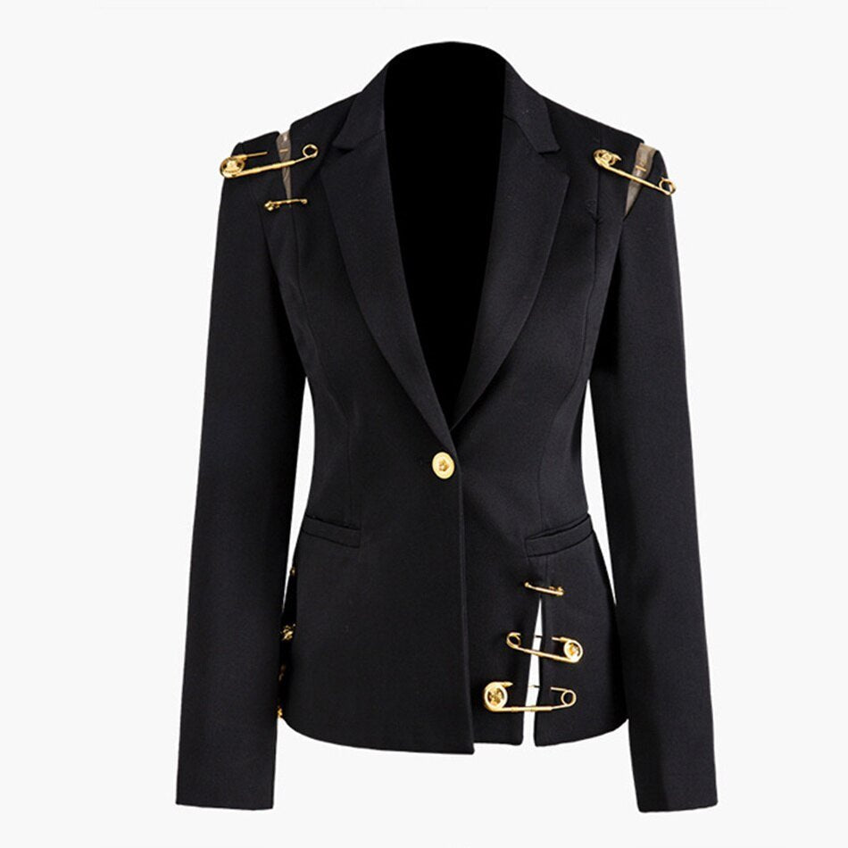 Eleganter schwarzer Anzugmantel mit V-Ausschnitt und goldenen Schnallen für Damen.