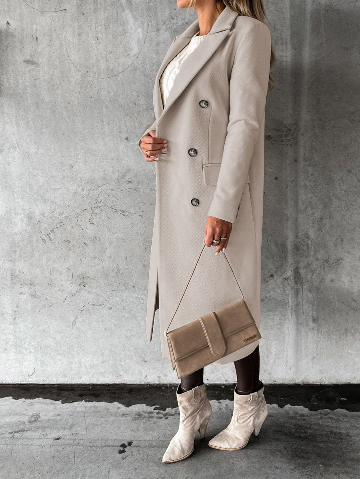 Eleganter Damenmantel beige, Knöpfe, Herbstmode, stilvoll, bequem, modisch, lang, klassisch
