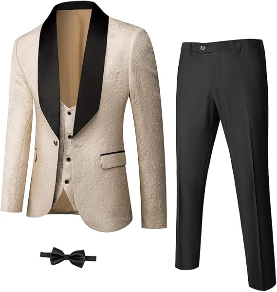 Eleganter cremefarbener Smoking mit schwarzem Revers, Weste, Hose und Fliege für Herren.
