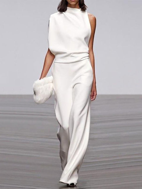 Damen Jumpsuit Weiß, ärmellos, Rundhals, weite Beine, elegantes Sommermode-Outfit.
