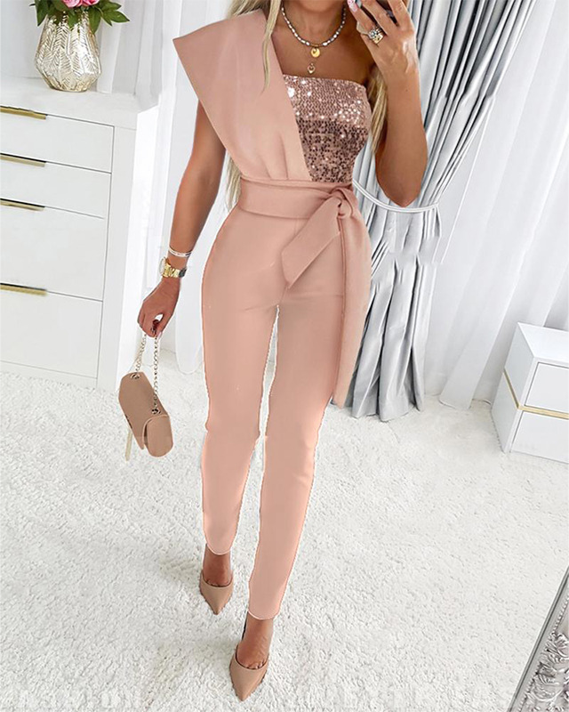 Damen Jumpsuit rosa, schulterfrei, Paillettenoberteil, elegantes Design, Abendmode, Party-Outfit.