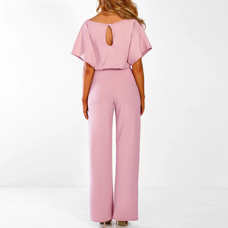 Rosa Damen-Jumpsuit mit kurzen Ärmeln, elegantes Design, Rückenausschnitt, Abendmode.