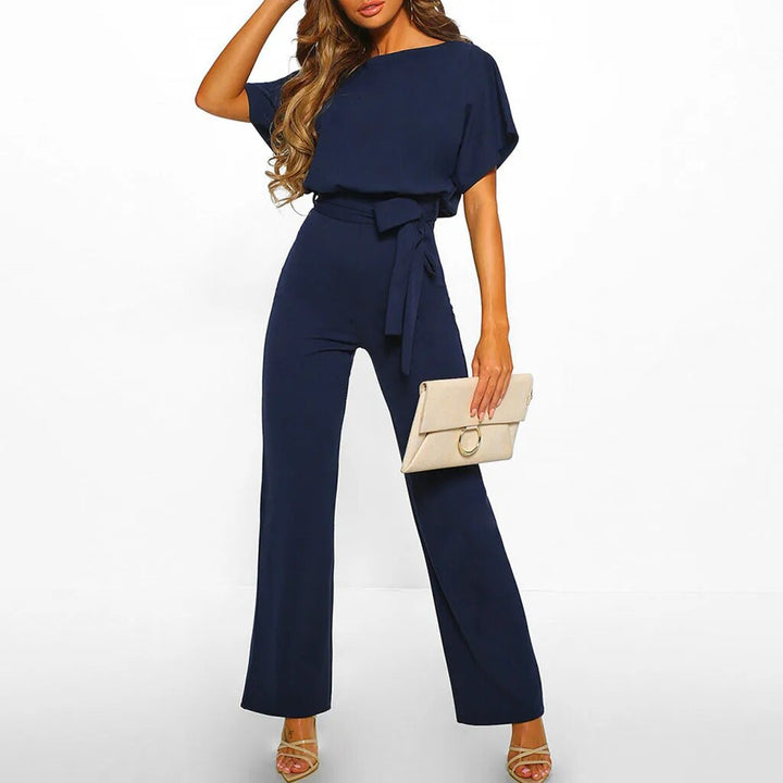 Damen Sommer Jumpsuit, dunkelblau, Rundhals, weites Bein, Gürtel, elegantes Party-Outfit.