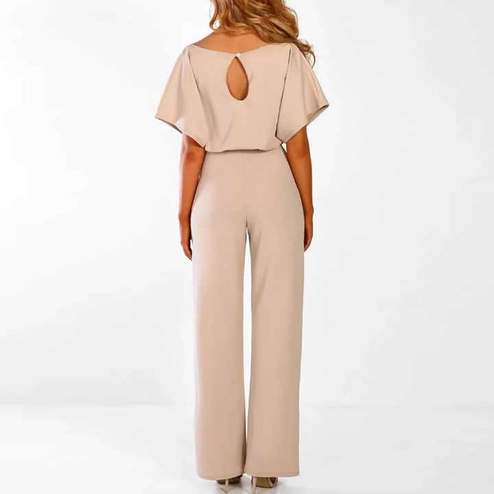 Eleganter Damen-Jumpsuit, beige, Rundhals, weites Bein, Party-Overall, Sommermode.
