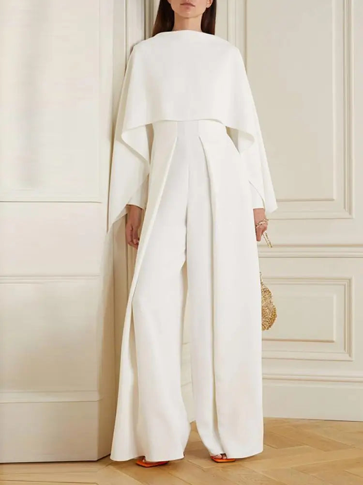 Damen Jumpsuit Weiß, Elegante Weite Beine, Langarm, Frühling Herbst Mode 2024, Solide Farbe