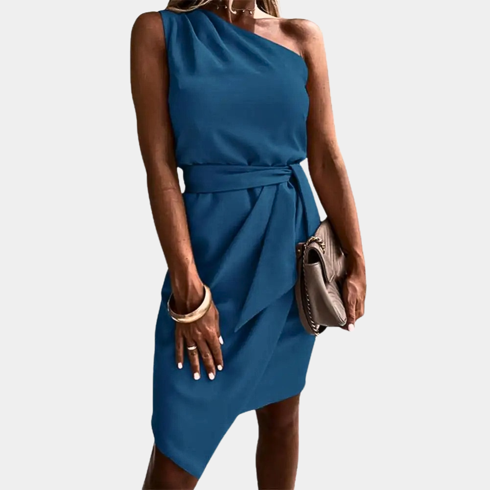 Damen-Etuikleid blau, schulterfrei, elegantes Design, Gürtel, Abendmode, Sommerkleid.