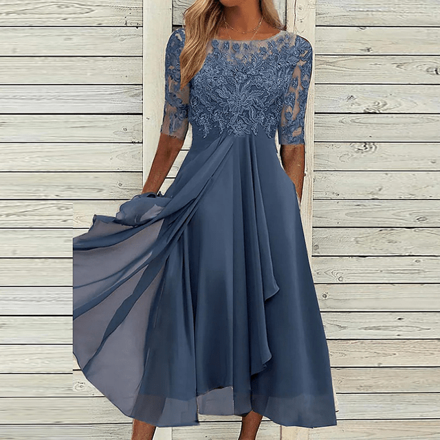 Blaues Spitzen-Sommerkleid, elegant, knielang, mit halblangen Ärmeln, Damenmode.