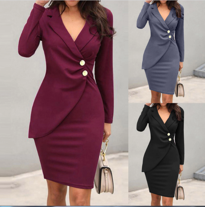 Damenkleid elegant, langärmelig, Knopfdetails, in Bordeaux, Grau, Schwarz, figurbetont.