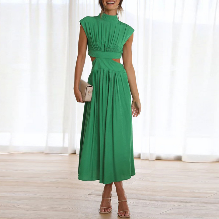 Grünes ärmelloses Sommerkleid, elegantes Design, Standkragen, Cut-Out, für Damen.