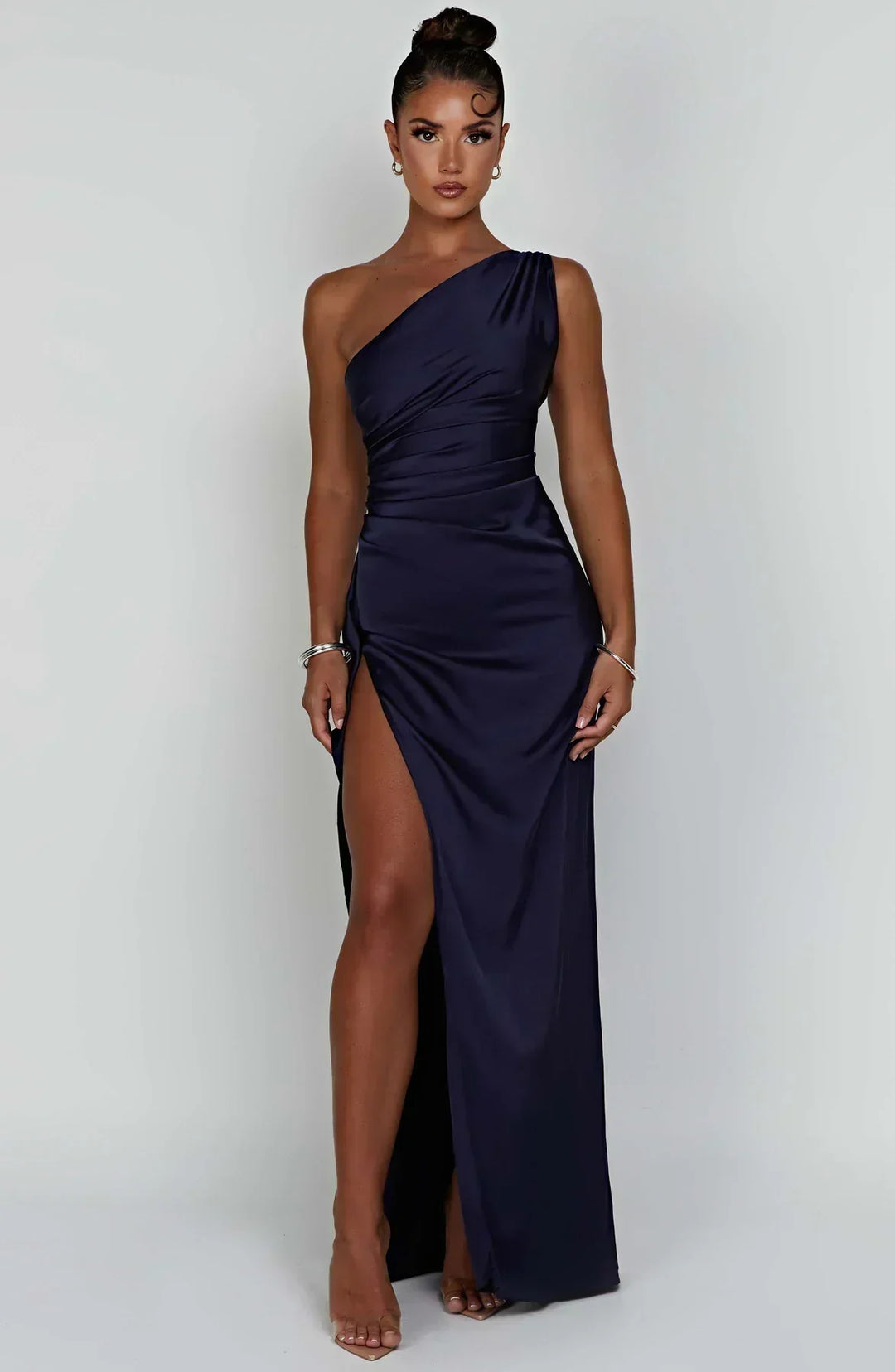 Damen Maxikleid, navyblau, schulterfrei, Satin, elegantes Abendkleid, hoher Schlitz.