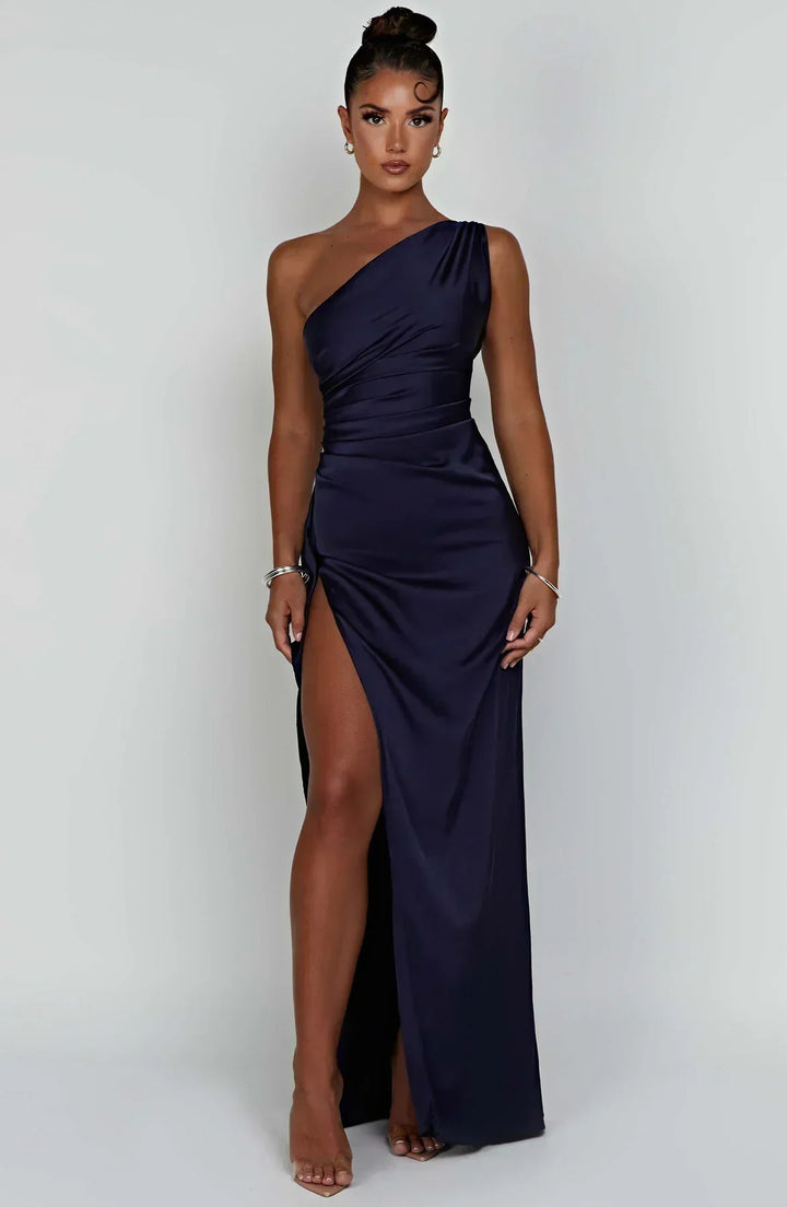 Damen Maxikleid, navyblau, schulterfrei, Satin, elegantes Abendkleid, hoher Schlitz.