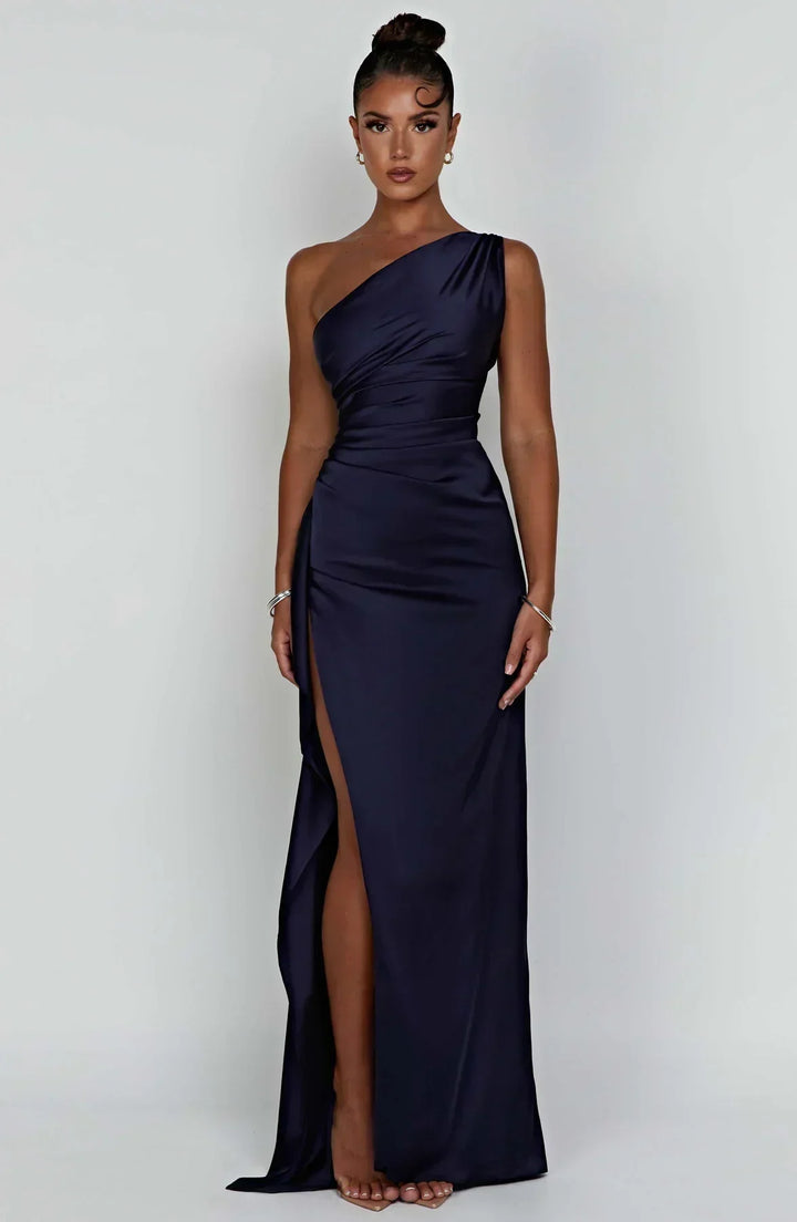 Damen Maxikleid, navyblau, schulterfrei, Satin, elegantes Abendkleid, hoher Schlitz.