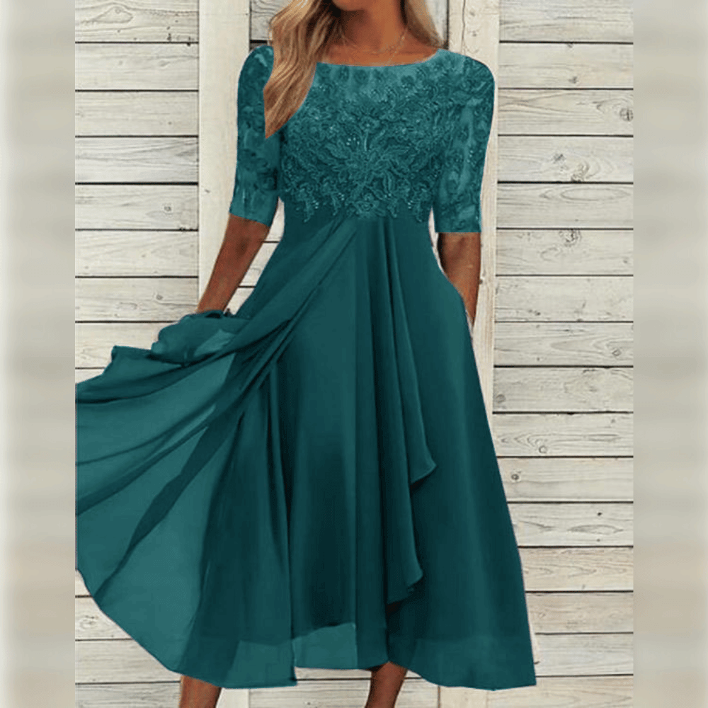 Damen Abendkleid, grün, Spitze, knielang, elegantes Design, festliche Mode, Sommerkleid.