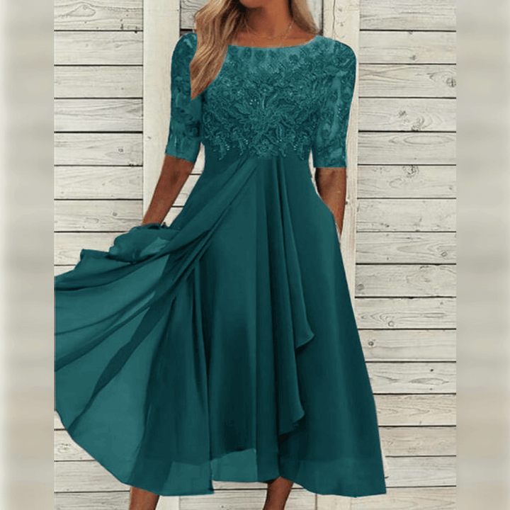 Damen Abendkleid, grün, Spitze, knielang, elegantes Design, festliche Mode, Sommerkleid.