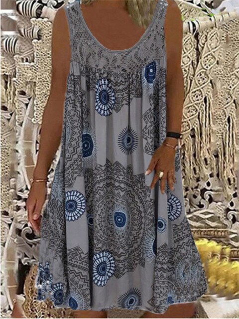 Ärmelloses graues Kleid mit geometrischem Print, Damenmode, Sommer, lässig, Vintage-Stil.