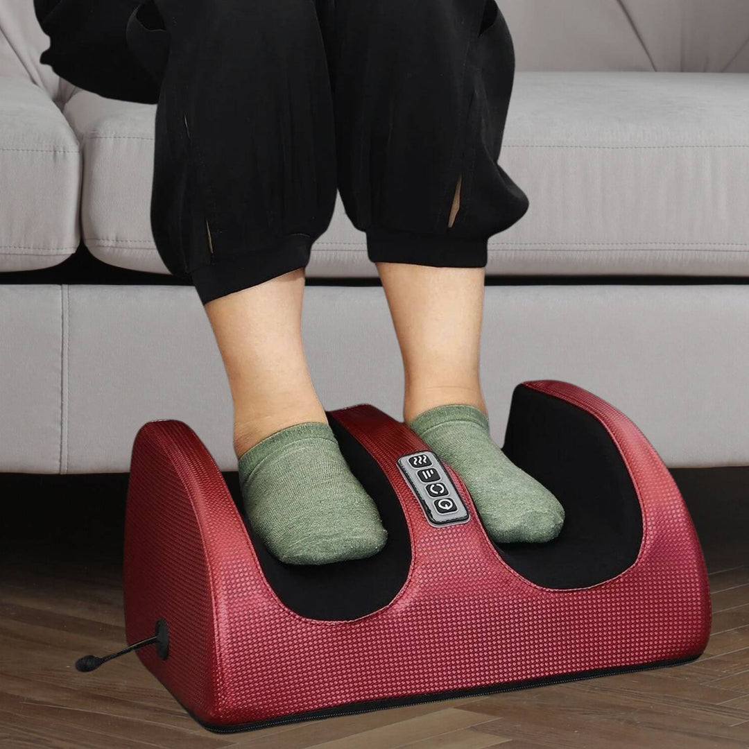 Elektrische Fußmassagegerät mit Heizfunktion, rot, für müde Füße, tiefe Knetmassage.