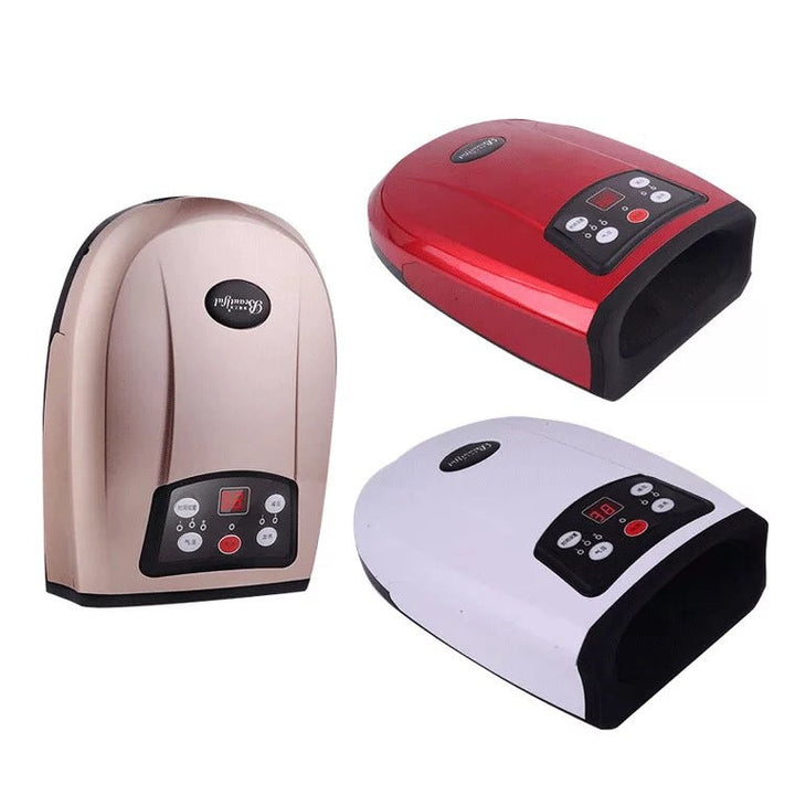 Elektrische Handmassagegerät, rot, weiß, gold, tragbar, LCD-Display, Entspannung, Wellness.