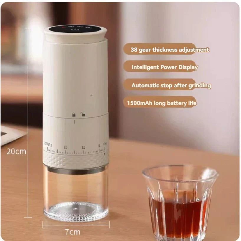 Elektrische Kaffeemühle, weiß, 38 Mahlgrade, 1500mAh Akku, intelligentes Display, 20cm hoch.