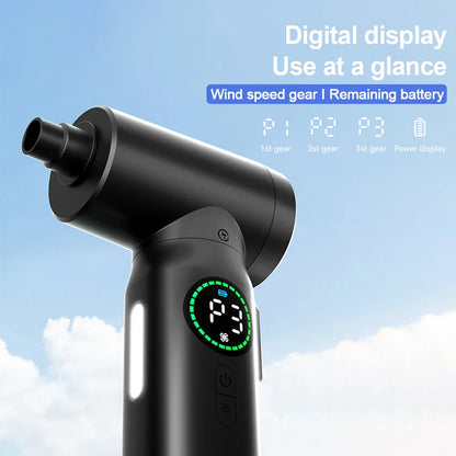 Schwarze elektrische Luftpumpe mit digitalem Display, zeigt Windgeschwindigkeit und Batteriestand.