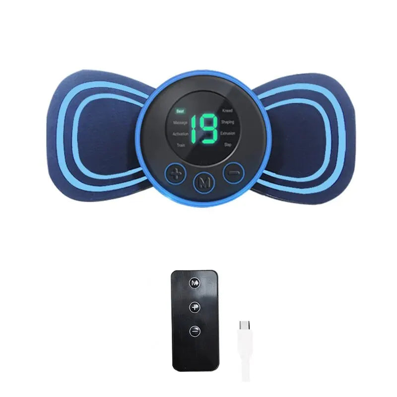 Elektronisches Muskelstimulationsgerät, blau, mit Fernbedienung und USB-Kabel.