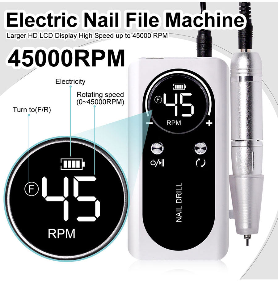 Elektrische Nagelfeile, 45000 U/min, LCD-Display, weiß, Maniküregerät, professionell.