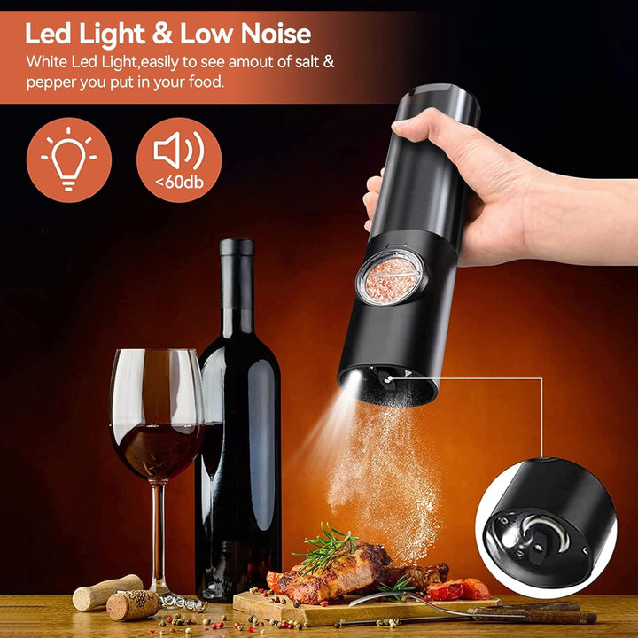 Elektrische Pfeffermühle mit LED-Licht, schwarz, leise, ideal für Küche und Gewürze.