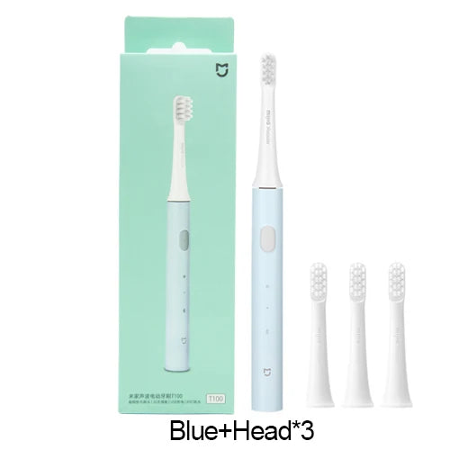Elektrische Zahnbürste blau, Mijia T100, mit drei Ersatzbürstenköpfen, Verpackung.
